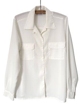 Tan Jay Womens Button Up Blouse Textured Stripe Dual Pocket White Size M (10)